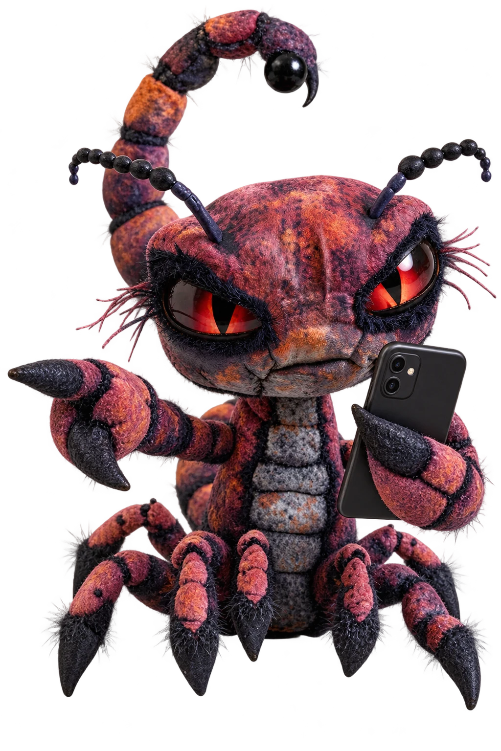 The official AstroBastardo Scorpio puppet, reading on a phone.
